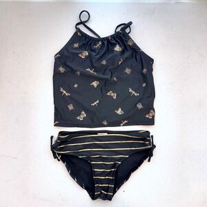 Old Navy Girls Black Gold Dragonfly Butterfly Print Bikini Swimsuit Set Size 7